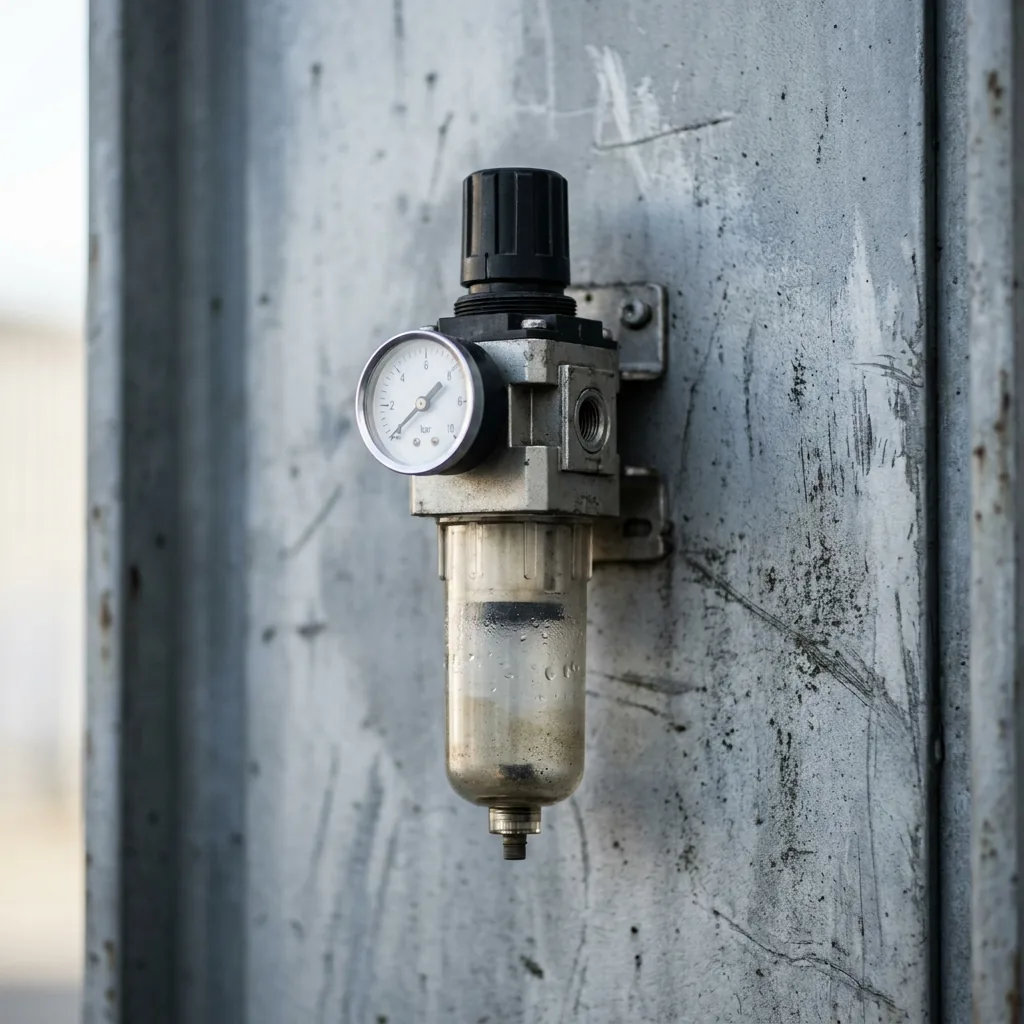 Druckluft-Wartungseinheit mit Manometer an einer Wand